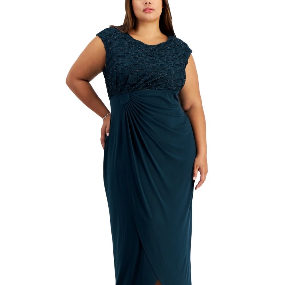 CONNECTED Ruched Cap-Sleeve Maxi Dress Dark Mallard Plus Size 22W